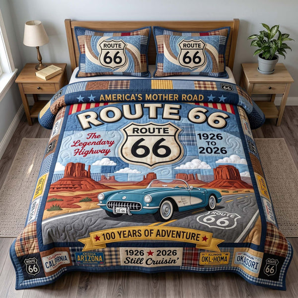 Mother Road quilted 3-piece bedding set on a made bed with two matching pillow shams
