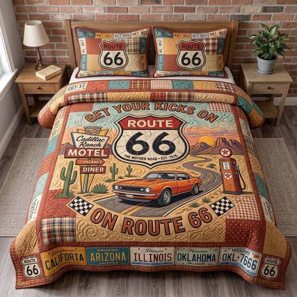 Mother Road quilted 3-piece bedding set on a made bed with two matching pillow shams