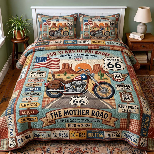Mother Road quilted 3-piece bedding set on a made bed with two matching pillow shams