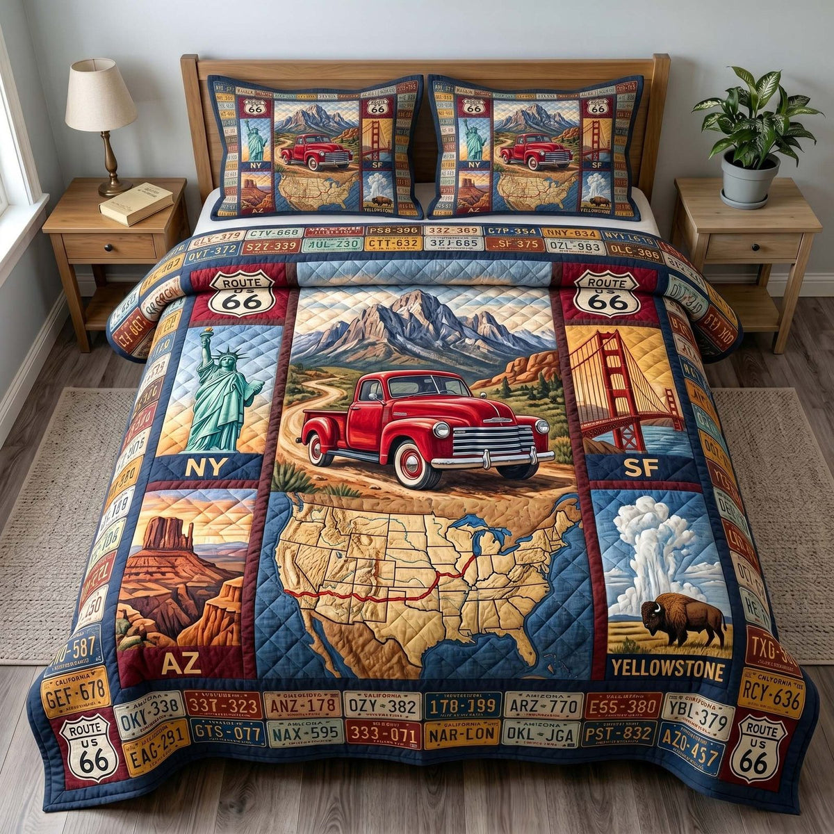 Mother Road quilted 3-piece bedding set on a made bed with two matching pillow shams