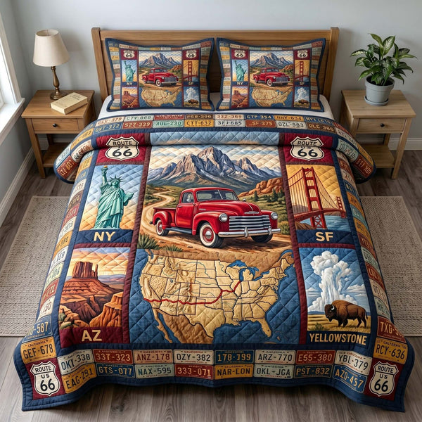 Mother Road quilted 3-piece bedding set on a made bed with two matching pillow shams