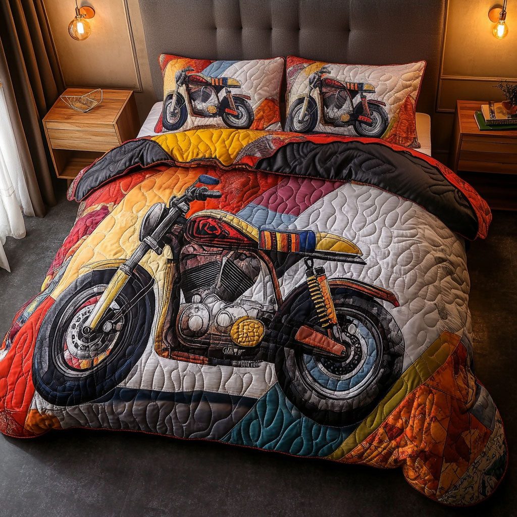 Motorbike Memories quilted 3-piece bedding set on a made bed with two matching pillow shams