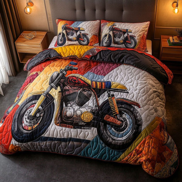 Motorbike Memories quilted 3-piece bedding set on a made bed with two matching pillow shams