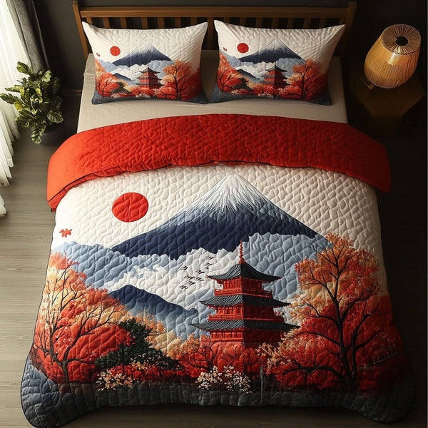 Mount Fuji Echo quilted 3-piece bedding set on a made bed with two matching pillow shams