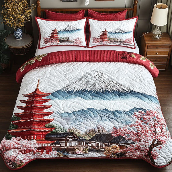 Mount Fuji Majesty quilted 3-piece bedding set on a made bed with two matching pillow shams