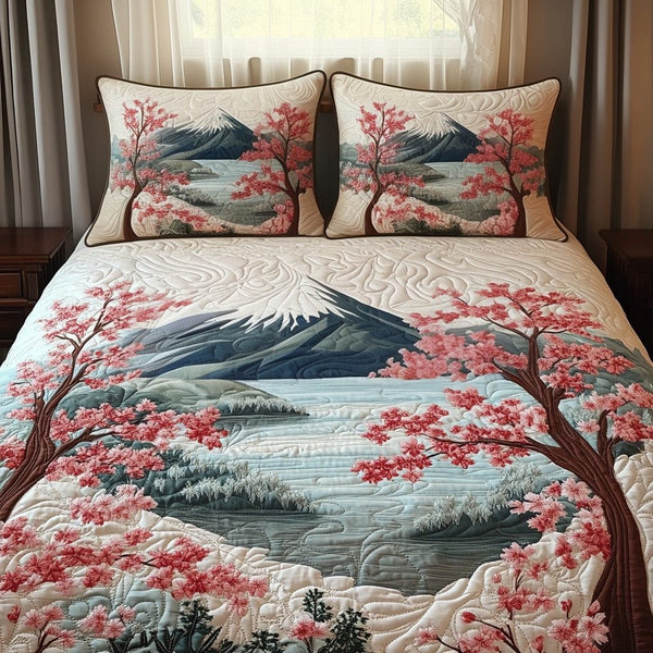 Mount Fuji Miracle quilted 3-piece bedding set on a made bed with two matching pillow shams
