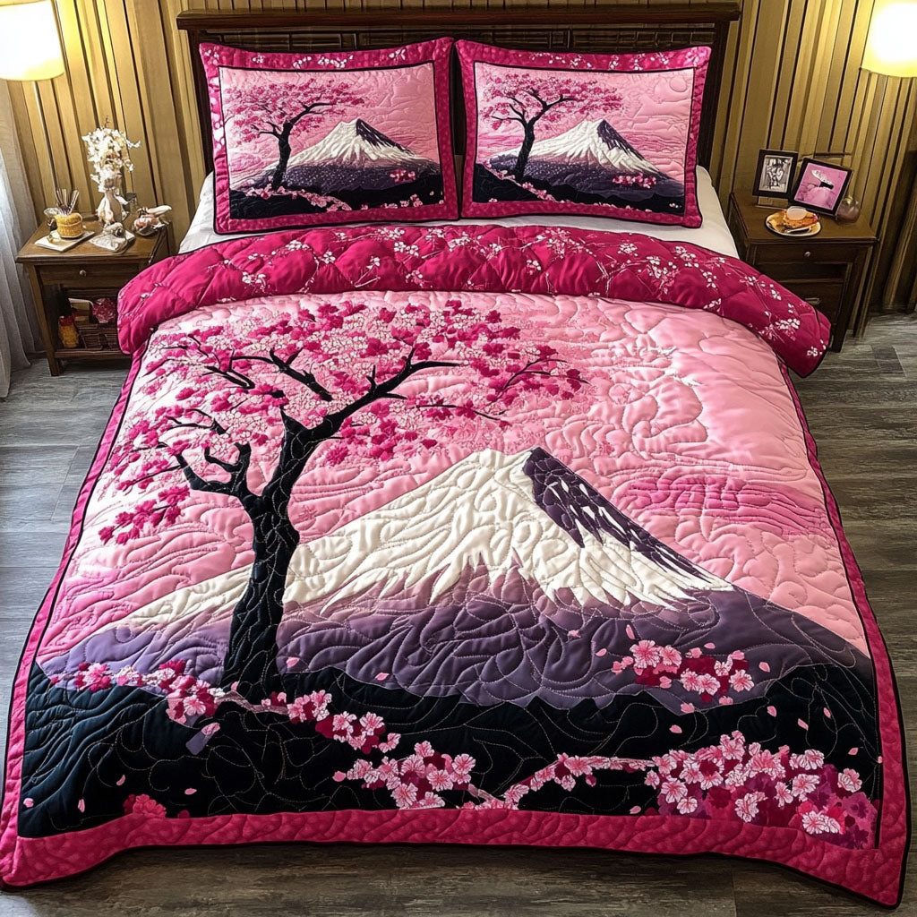Mount Fuji Path quilted 3-piece bedding set on a made bed with two matching pillow shams