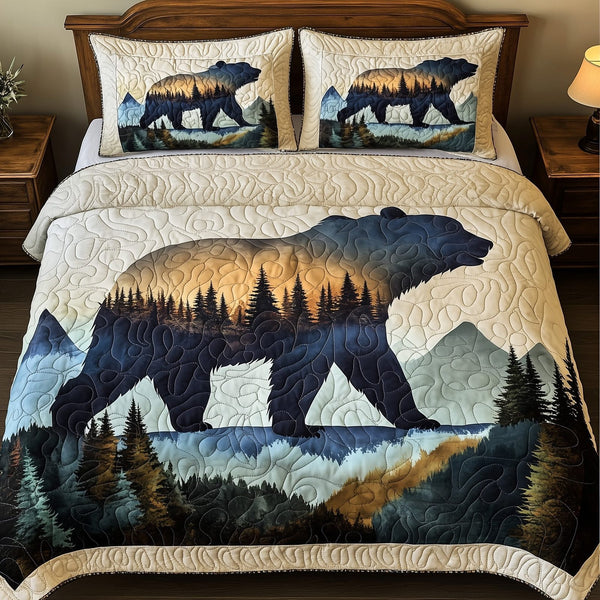 Mountain Bear quilted 3-piece bedding set on a made bed with two matching pillow shams