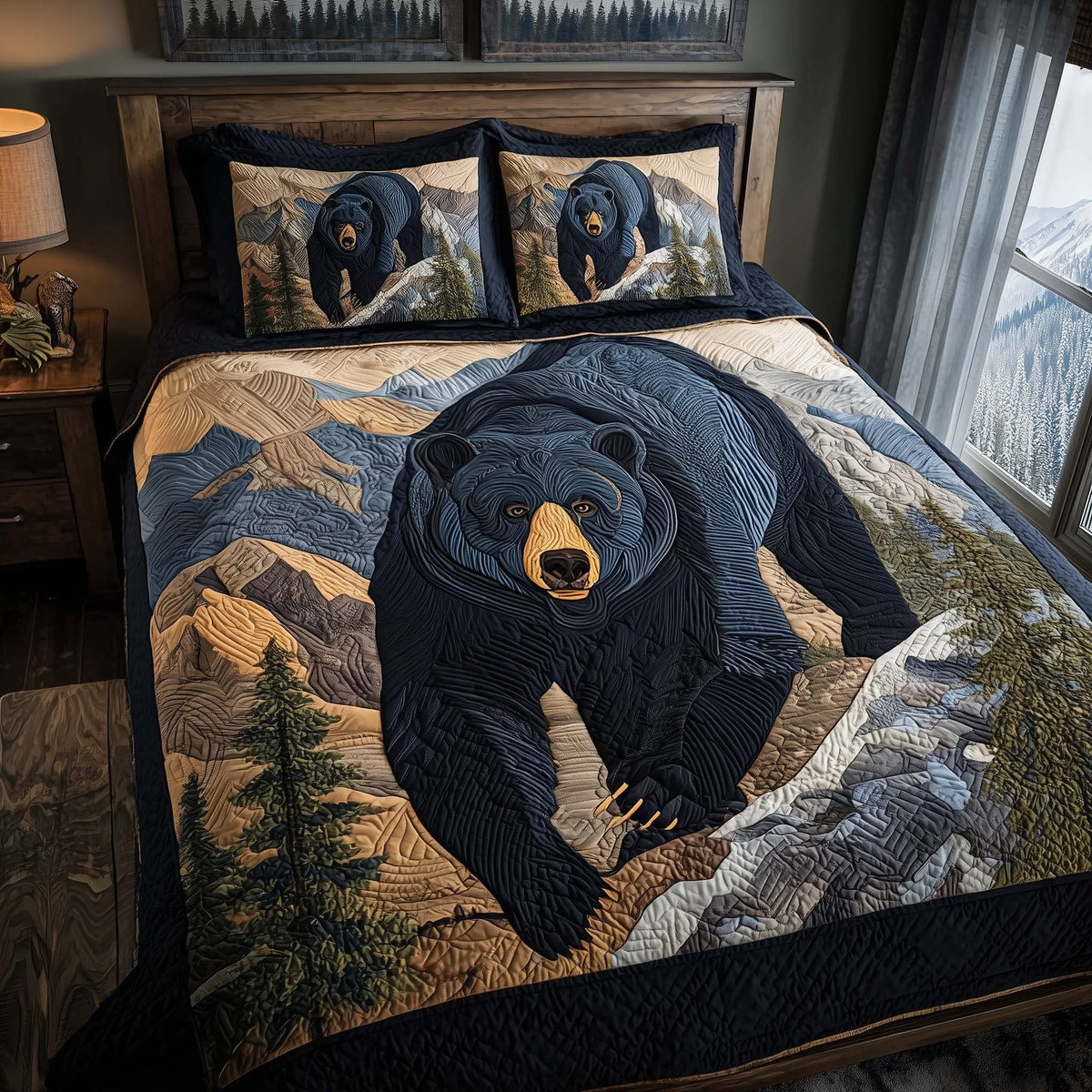 Mountain Bear quilted 3-piece bedding set on a made bed with two matching pillow shams