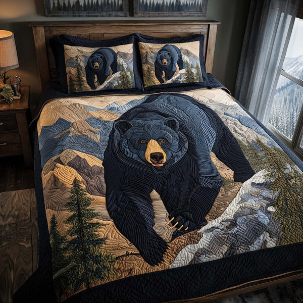 Mountain Bear quilted 3-piece bedding set on a made bed with two matching pillow shams