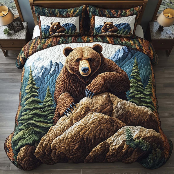Mountain Bear quilted 3-piece bedding set on a made bed with two matching pillow shams