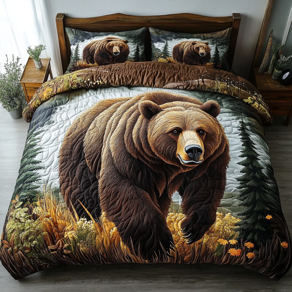 Mountain Bear quilted 3-piece bedding set on a made bed with two matching pillow shams