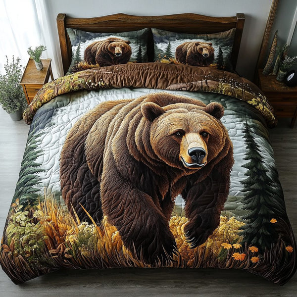 Mountain Bear quilted 3-piece bedding set on a made bed with two matching pillow shams