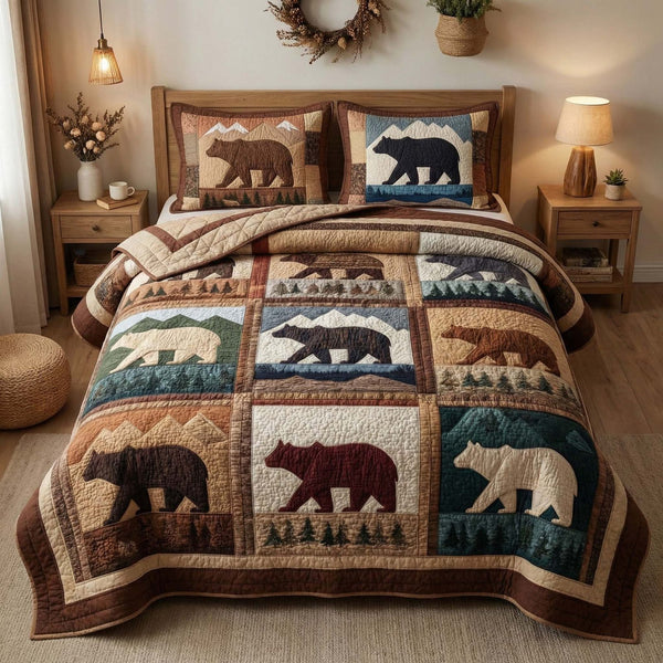 Mountain Bears quilted 3-piece bedding set on a made bed with two matching pillow shams