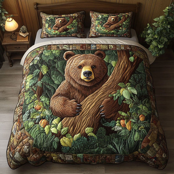 Mountain Beast quilted 3-piece bedding set on a made bed with two matching pillow shams