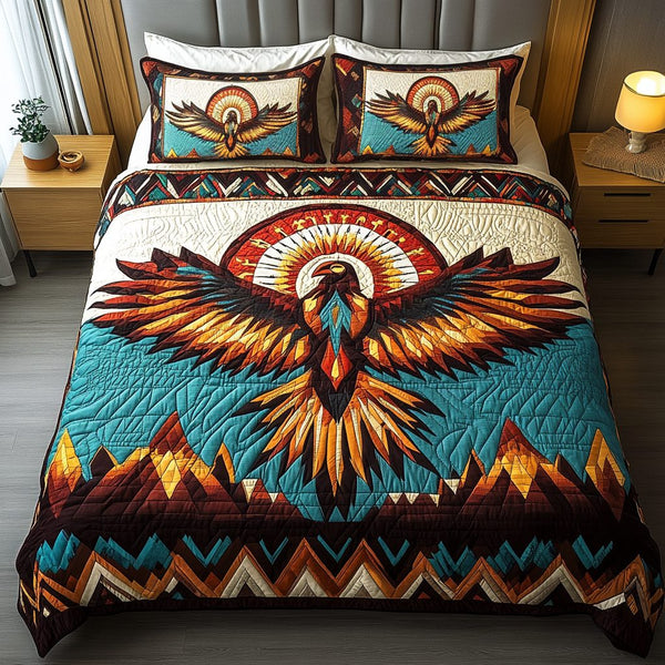 Mountain Blaze quilted 3-piece bedding set on a made bed with two matching pillow shams