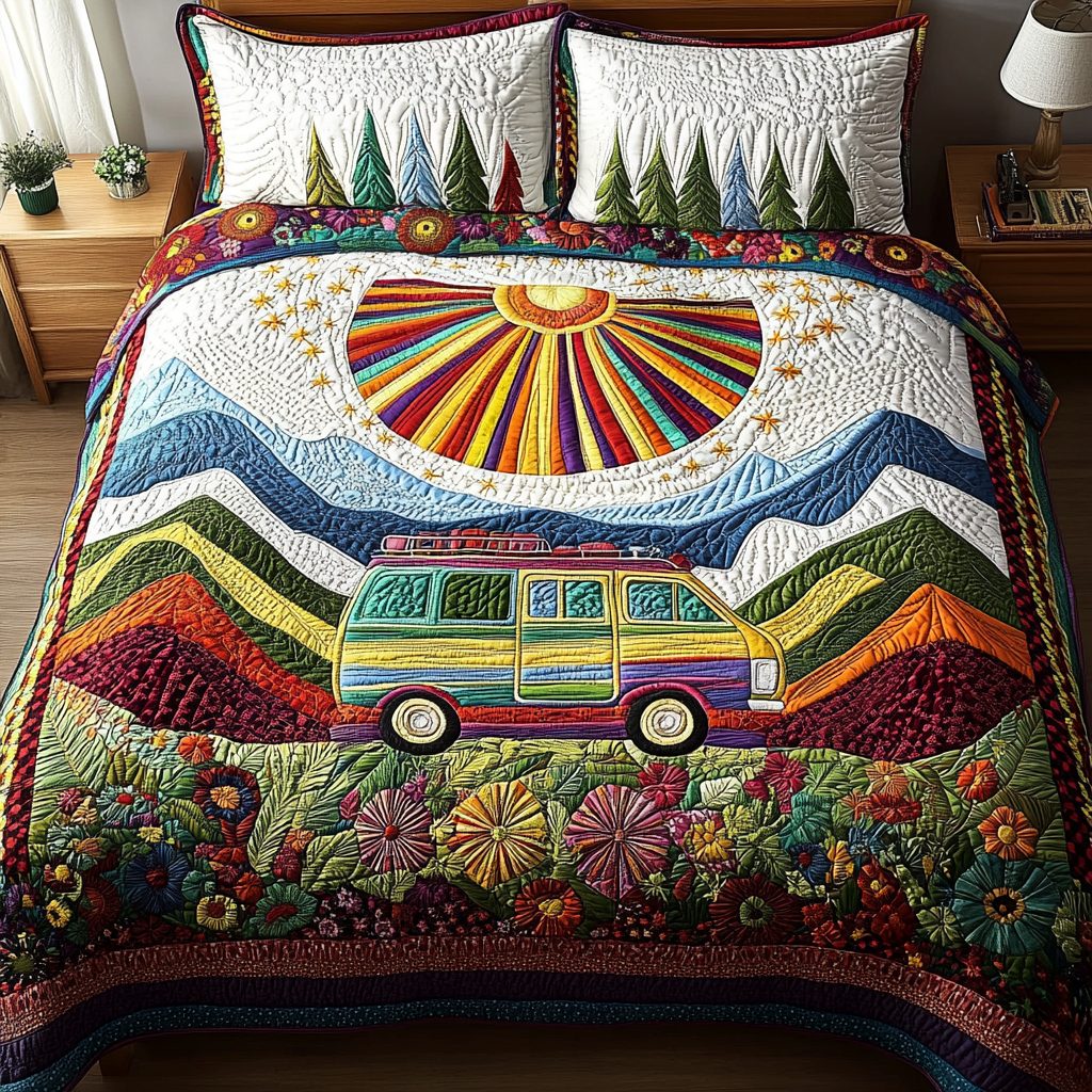Mountain Bliss quilted 3-piece bedding set on a made bed with two matching pillow shams