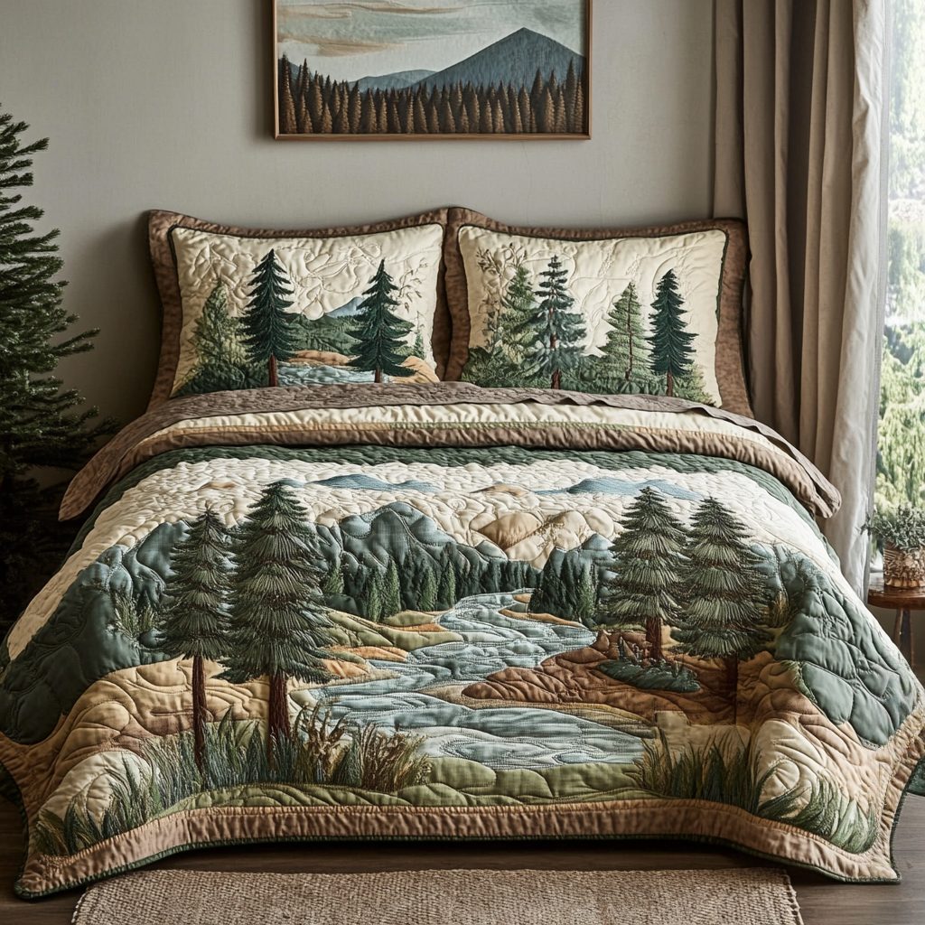 Mountain Bliss quilted 3-piece bedding set on a made bed with two matching pillow shams