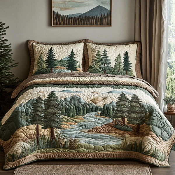 Mountain Bliss quilted 3-piece bedding set on a made bed with two matching pillow shams