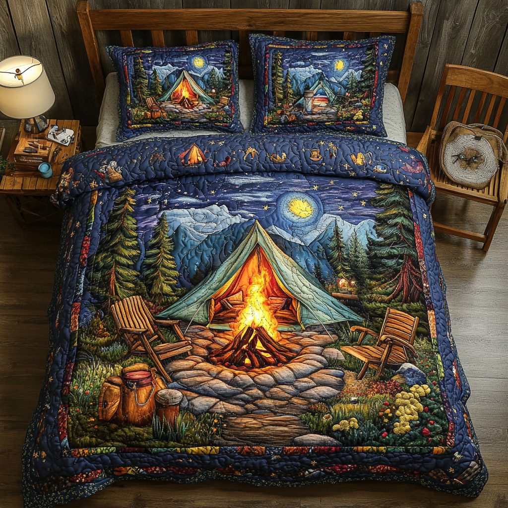Mountain Bliss quilted 3-piece bedding set on a made bed with two matching pillow shams