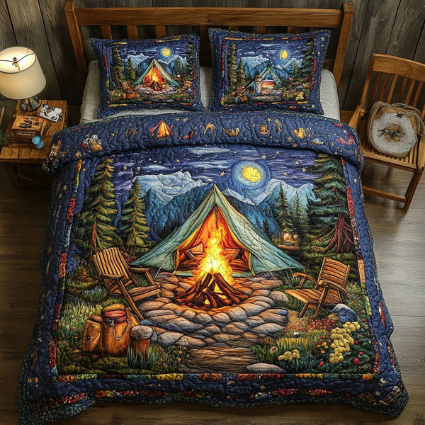 Mountain Bliss quilted 3-piece bedding set on a made bed with two matching pillow shams