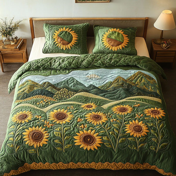 Mountain Bloom quilted 3-piece bedding set on a made bed with two matching pillow shams