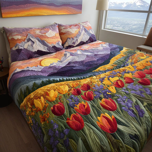 Mountain Bloom quilted 3-piece bedding set on a made bed with two matching pillow shams