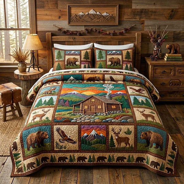 Mountain Cabin quilted 3-piece bedding set on a made bed with two matching pillow shams