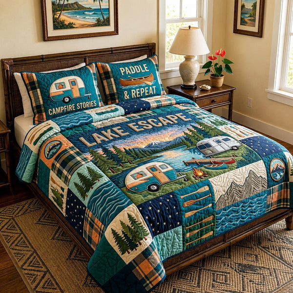 Mountain Camp quilted 3-piece bedding set on a made bed with two matching pillow shams