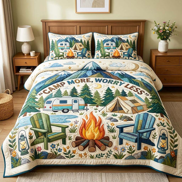 Mountain Camp quilted 3-piece bedding set on a made bed with two matching pillow shams