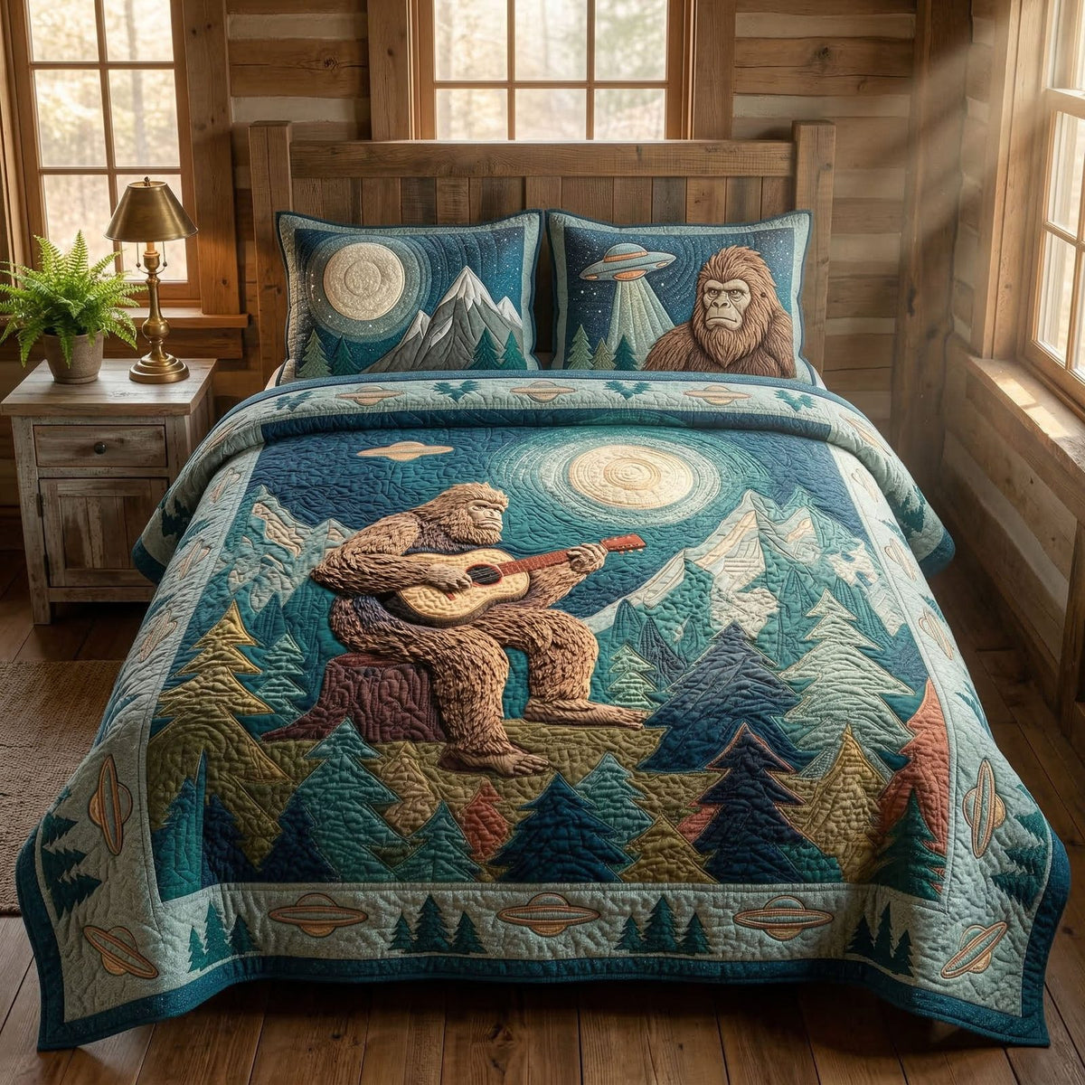 Mountain Camp quilted 3-piece bedding set on a made bed with two matching pillow shams