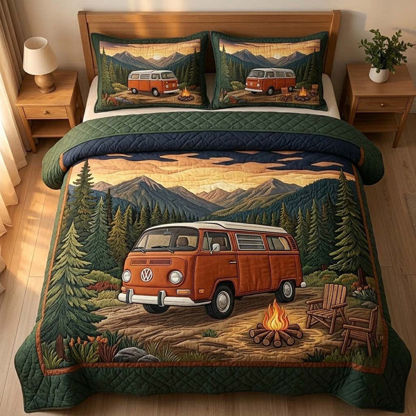 Mountain Camper quilted 3-piece bedding set on a made bed with two matching pillow shams