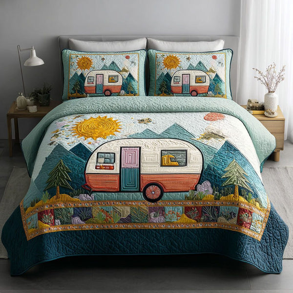 Mountain Camper quilted 3-piece bedding set on a made bed with two matching pillow shams
