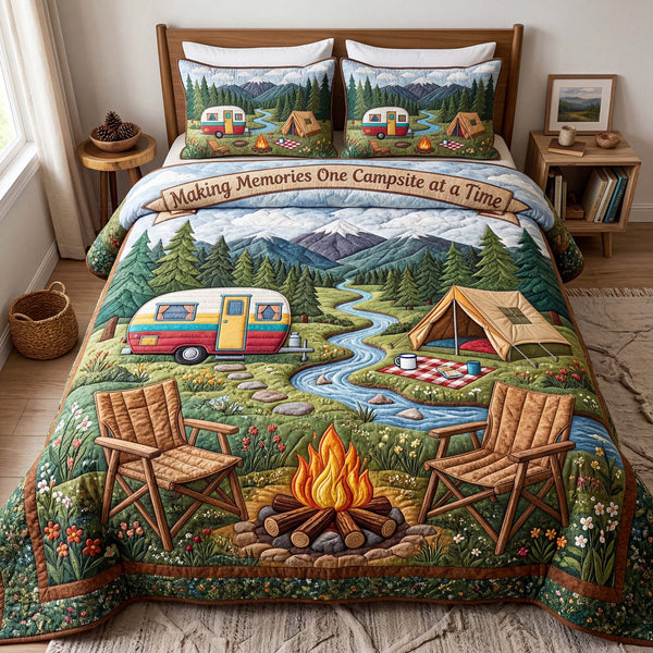 Mountain Campsite quilted 3-piece bedding set on a made bed with two matching pillow shams