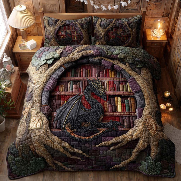 Mountain Dragon Keep quilted 3-piece bedding set on a made bed with two matching pillow shams