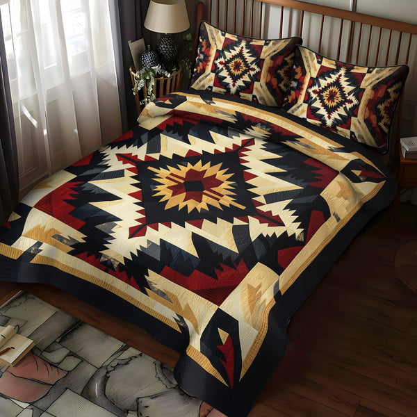 Mountain Echo quilted 3-piece bedding set on a made bed with two matching pillow shams