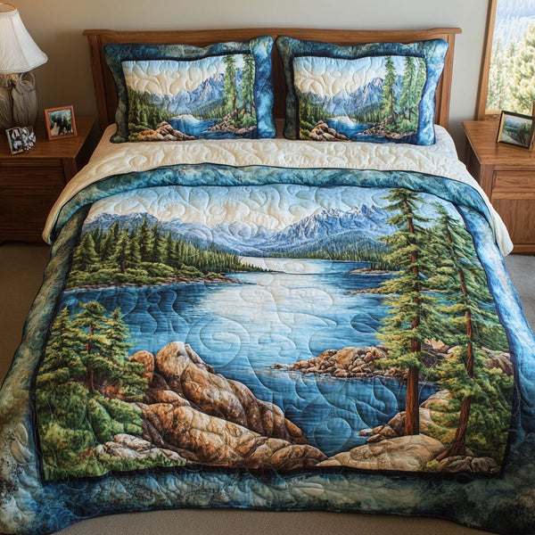 Mountain Escape quilted 3-piece bedding set on a made bed with two matching pillow shams