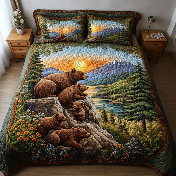 Mountain Family quilted 3-piece bedding set on a made bed with two matching pillow shams