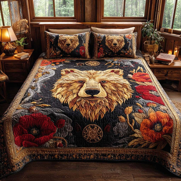 Mountain Fang quilted 3-piece bedding set on a made bed with two matching pillow shams