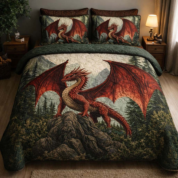 Mountain Fire Dragon quilted 3-piece bedding set on a made bed with two matching pillow shams
