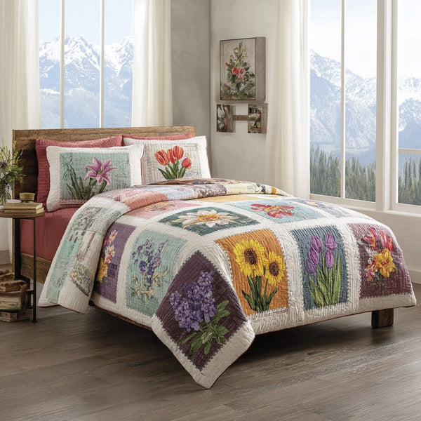 Mountain Florals quilted 3-piece bedding set on a made bed with two matching pillow shams