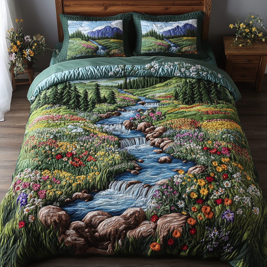Mountain Flow quilted 3-piece bedding set on a made bed with two matching pillow shams