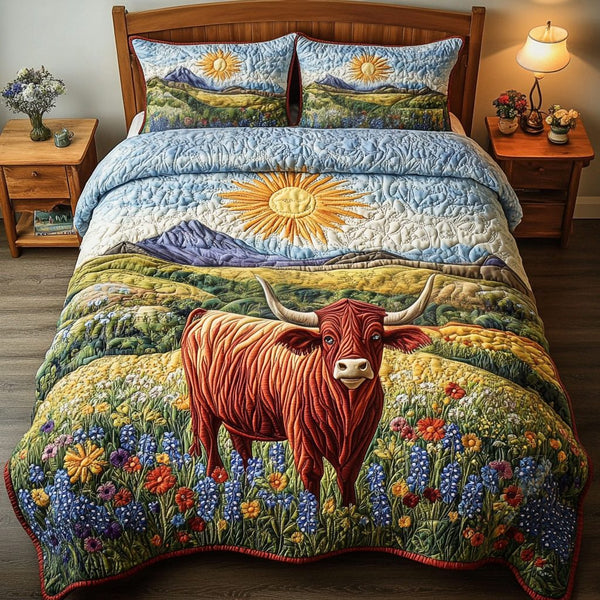 Mountain Glory quilted 3-piece bedding set on a made bed with two matching pillow shams
