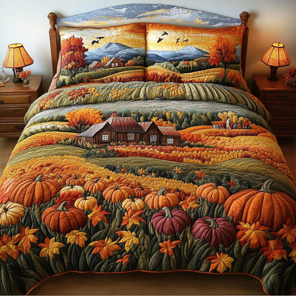 Mountain Glow quilted 3-piece bedding set on a made bed with two matching pillow shams