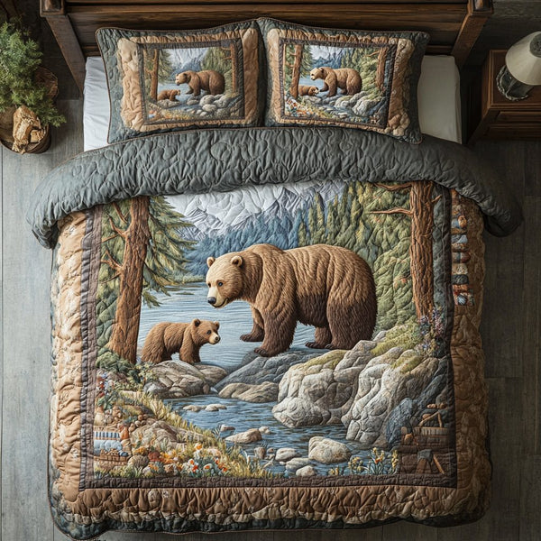Mountain Grizzly quilted 3-piece bedding set on a made bed with two matching pillow shams