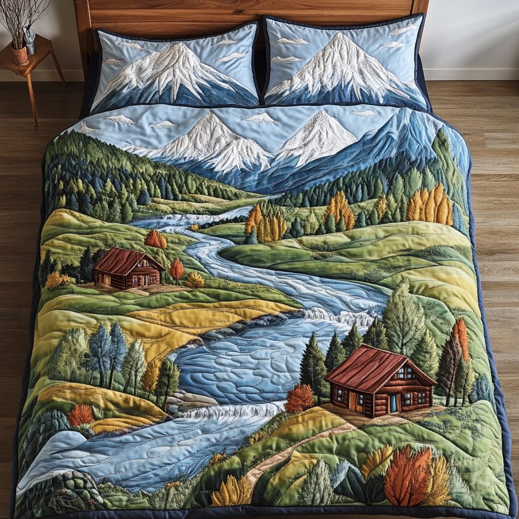 Mountain Grove quilted 3-piece bedding set on a made bed with two matching pillow shams