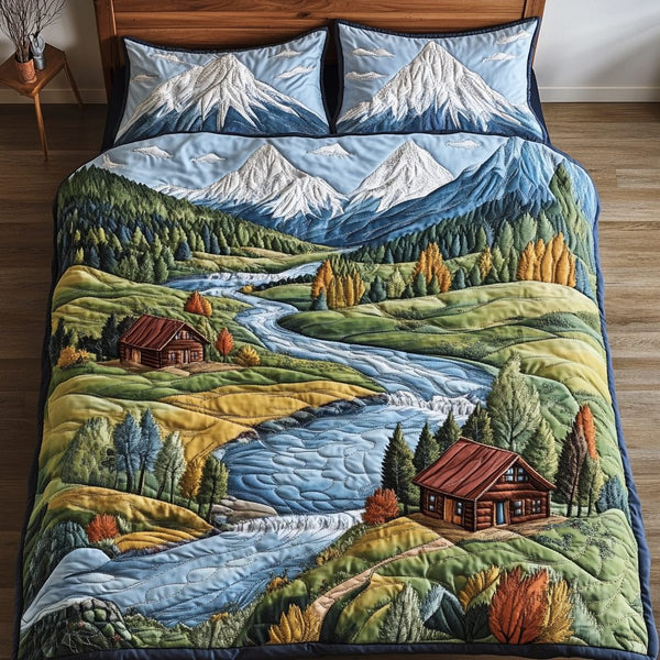 Mountain Grove quilted 3-piece bedding set on a made bed with two matching pillow shams