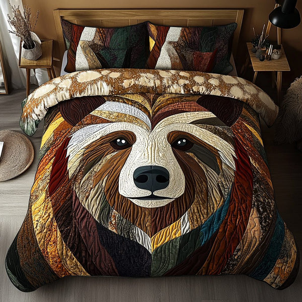 Mountain Guardian quilted 3-piece bedding set on a made bed with two matching pillow shams