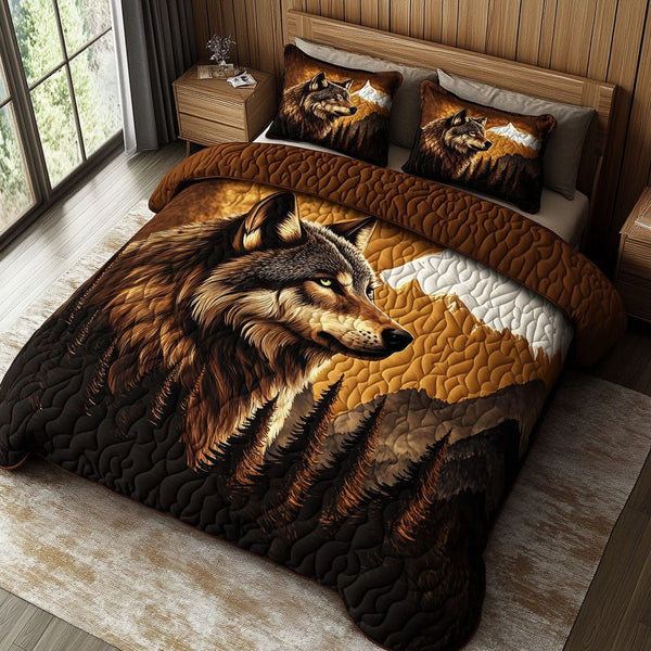 Mountain Guardian quilted 3-piece bedding set on a made bed with two matching pillow shams