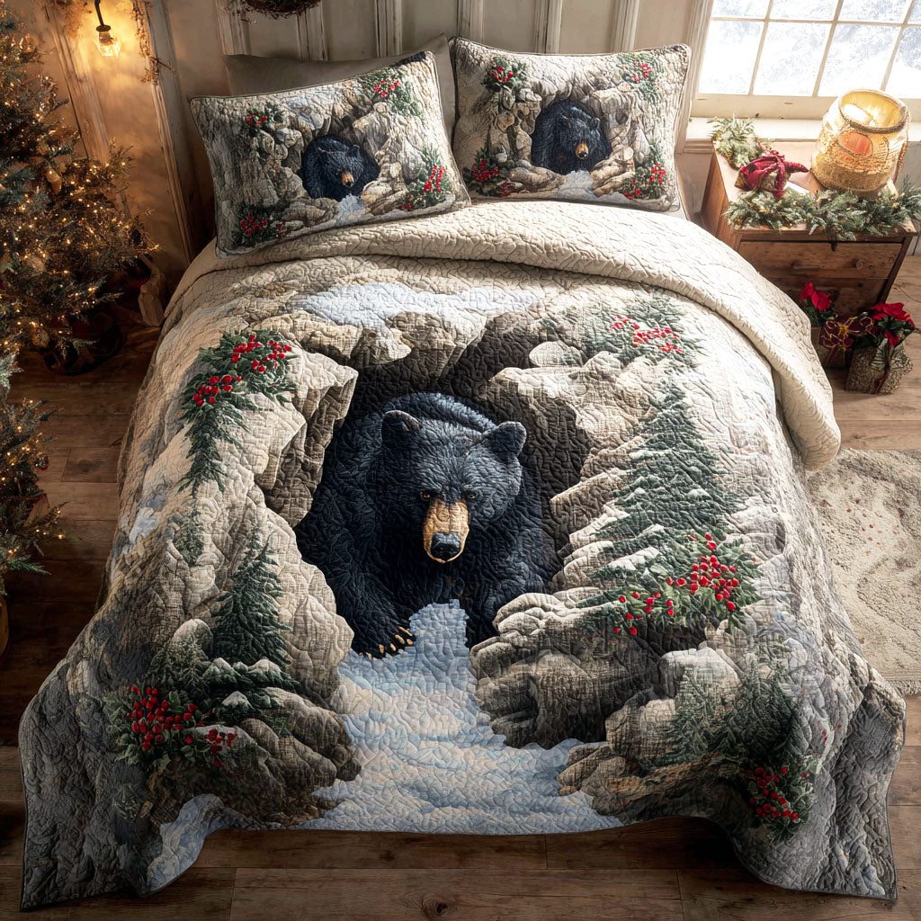 Mountain Guardian quilted 3-piece bedding set on a made bed with two matching pillow shams
